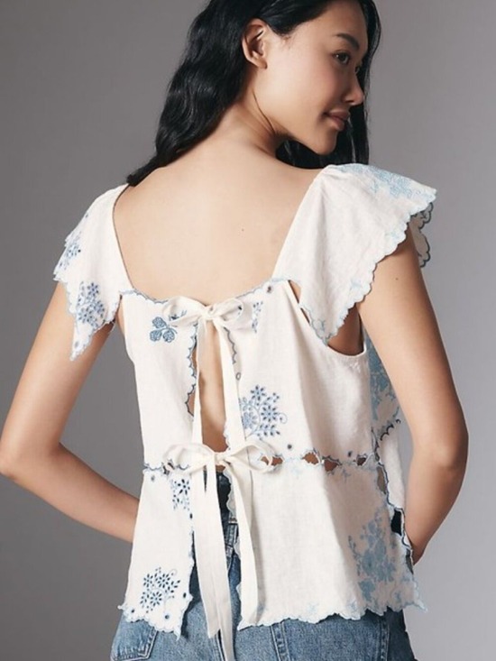 Anthropologie Tops - Anthropologie Patchwork Hanky Linen Top Blue Embroidery Cut-Out M